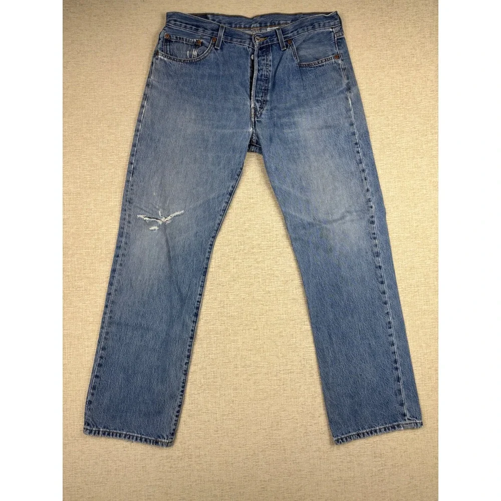 Levis 501 Mens 38x34 Jeans Grungy Light Blue Washed Denim Distressed High Fade